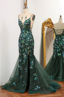 Load image into Gallery viewer, Glitter Dark Green Mermaid Appliqued Long Prom Dress With Slit