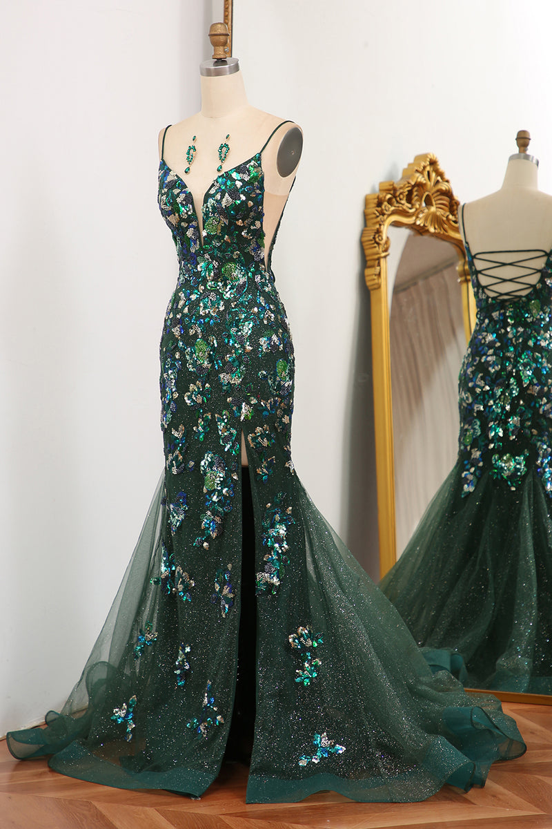 Load image into Gallery viewer, Glitter Dark Green Mermaid Appliqued Long Prom Dress With Slit