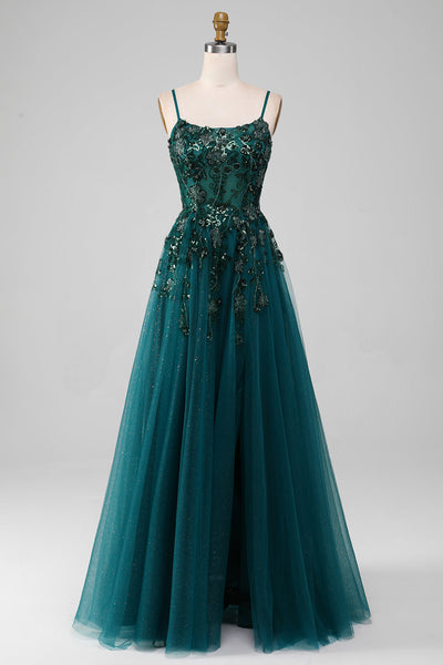 Dark Green Spaghetti Straps A Line Prom Dress with Slit