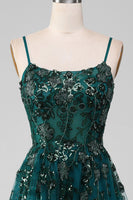 Load image into Gallery viewer, Dark Green Spaghetti Straps A Line Prom Dress with Slit