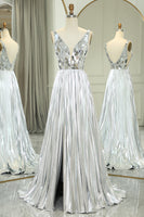 Load image into Gallery viewer, Glitter Silver Mirror A Line Pleated Backless Long Prom Dress with Slit