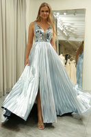 Load image into Gallery viewer, Sparkly Silver A Line Backless Long Mirror Prom Dress