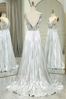 Load image into Gallery viewer, Glitter Silver Mirror A Line Pleated Backless Long Prom Dress with Slit