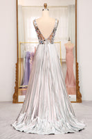 Load image into Gallery viewer, Sparkly Silver Mirror Pleated A Line V-Neck Long Prom Dress with Slit