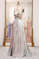 Load image into Gallery viewer, Sparkly Silver Mirror Pleated A Line V-Neck Long Prom Dress with Slit