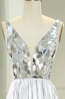 Load image into Gallery viewer, Glitter Silver Mirror A Line Pleated Backless Long Prom Dress with Slit