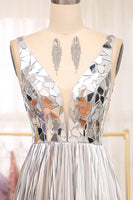 Load image into Gallery viewer, Sparkly Silver Mirror Pleated A Line V-Neck Long Prom Dress with Slit