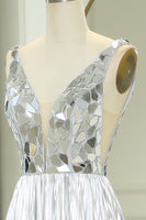 Load image into Gallery viewer, Glitter Silver Mirror A Line Pleated Backless Long Prom Dress with Slit