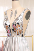 Load image into Gallery viewer, Sparkly Silver Mirror Pleated A Line V-Neck Long Prom Dress with Slit