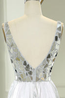 Load image into Gallery viewer, Glitter Silver Mirror A Line Pleated Backless Long Prom Dress with Slit