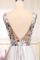 Load image into Gallery viewer, Sparkly Silver Mirror Pleated A Line V-Neck Long Prom Dress with Slit
