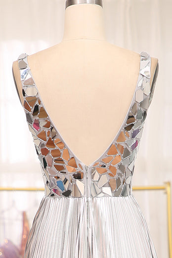 Sparkly Silver A Line Long Mirror Prom Dress With Slit