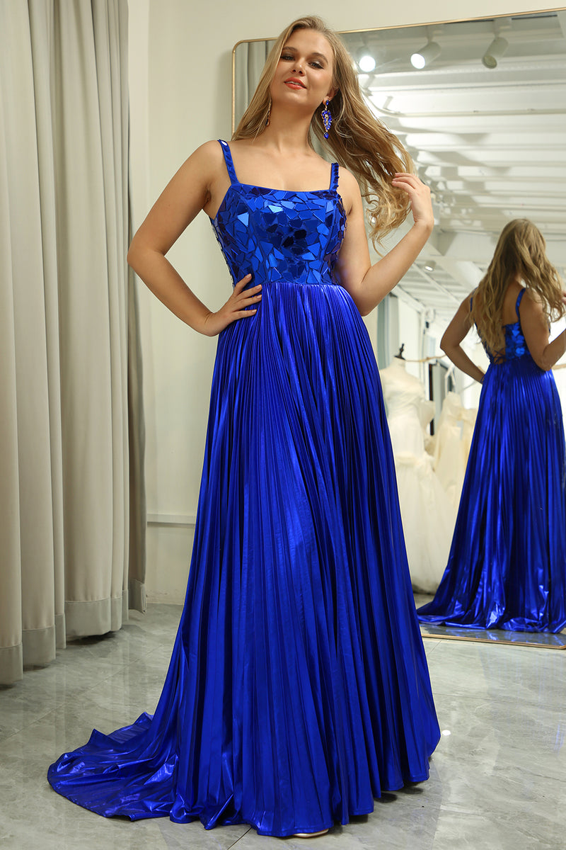 Load image into Gallery viewer, Glitter Royal Blue A Line Spaghetti Straps Long Mirror Prom Dress With Slit