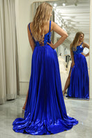 Load image into Gallery viewer, Glitter Royal Blue A Line Spaghetti Straps Long Mirror Prom Dress With Slit