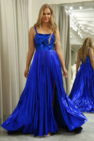 Load image into Gallery viewer, Glitter Royal Blue A Line Spaghetti Straps Long Mirror Prom Dress With Slit