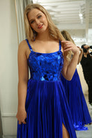 Load image into Gallery viewer, Glitter Royal Blue A Line Spaghetti Straps Long Mirror Prom Dress With Slit