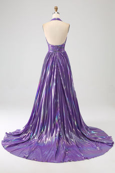 Glitter Purple Pleated Metallic Long Prom Dress with Slit