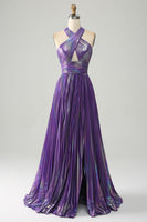 Load image into Gallery viewer, Sparkly Purple Halter A Line Prom Dress with Pleated