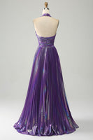 Load image into Gallery viewer, Sparkly Purple Halter A Line Prom Dress with Pleated