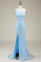 Load image into Gallery viewer, Stylish Mermaid Light Blue Long Prom Dress with Appliques