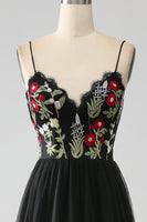 Load image into Gallery viewer, Black A-Line Spaghetti Straps Embroidered Long Corset Prom Dress
