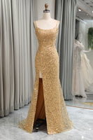 Load image into Gallery viewer, Sparkly Golden Sequins Mermaid Long Prom Dress With Slit