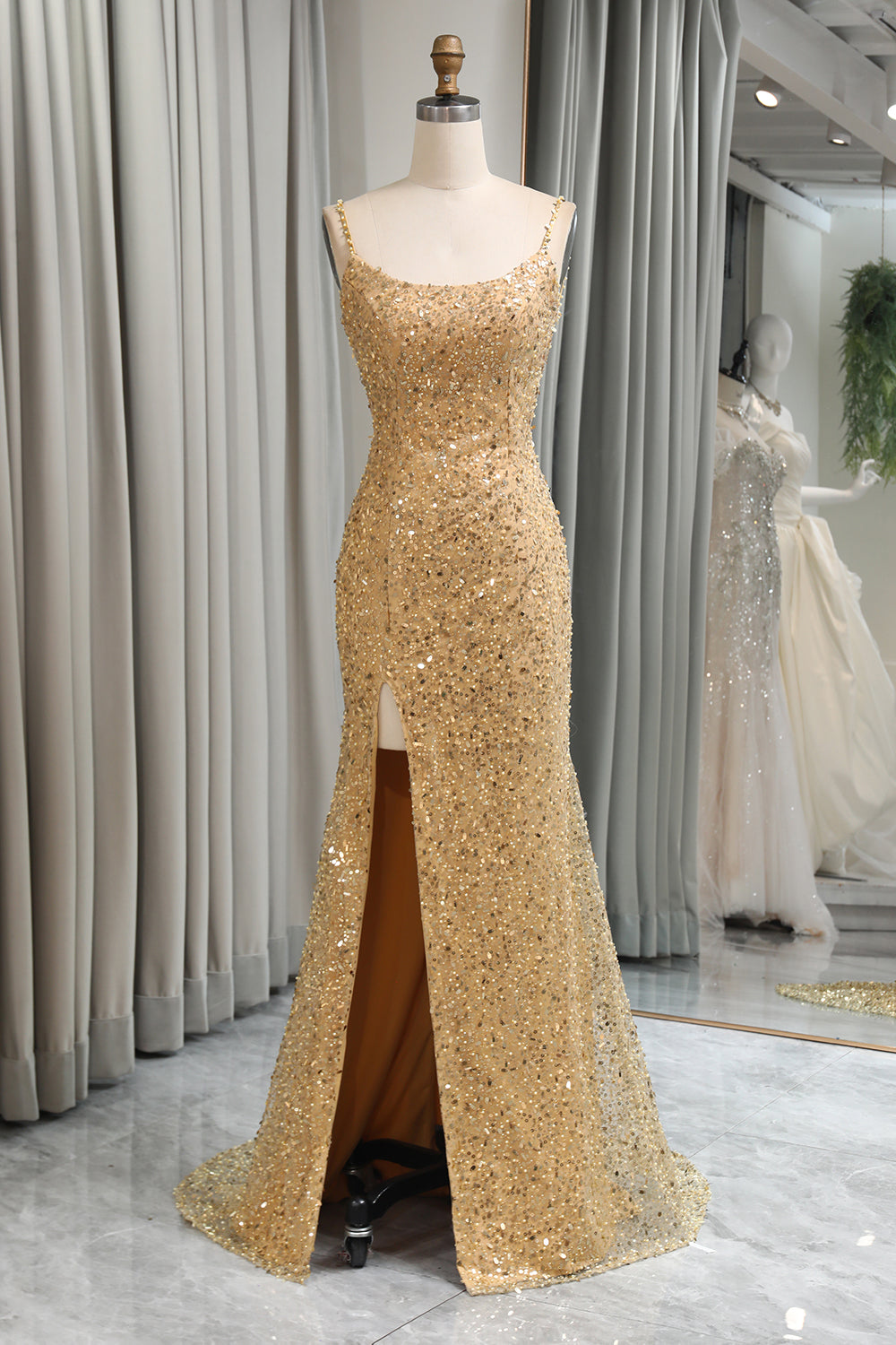 Sparkly Golden Sequins Mermaid Long Prom Dress With Slit