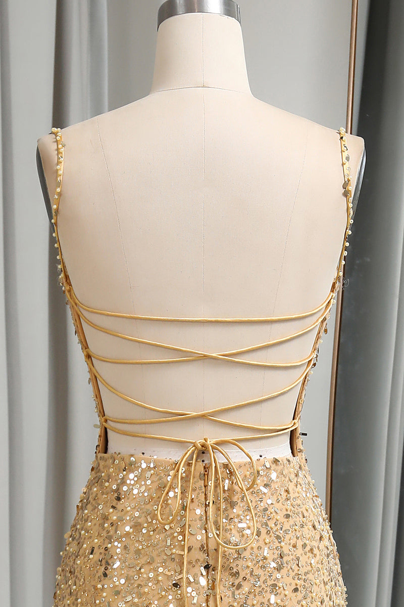 Load image into Gallery viewer, Sparkly Golden Sequins Mermaid Long Prom Dress With Slit