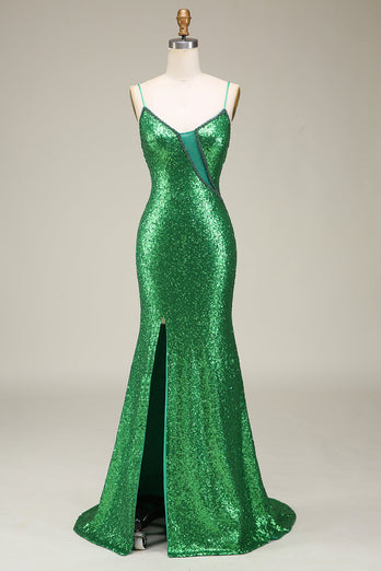 Sparkly Mermaid Spaghetti Straps Green Sequins Long Prom Dress with Split Front