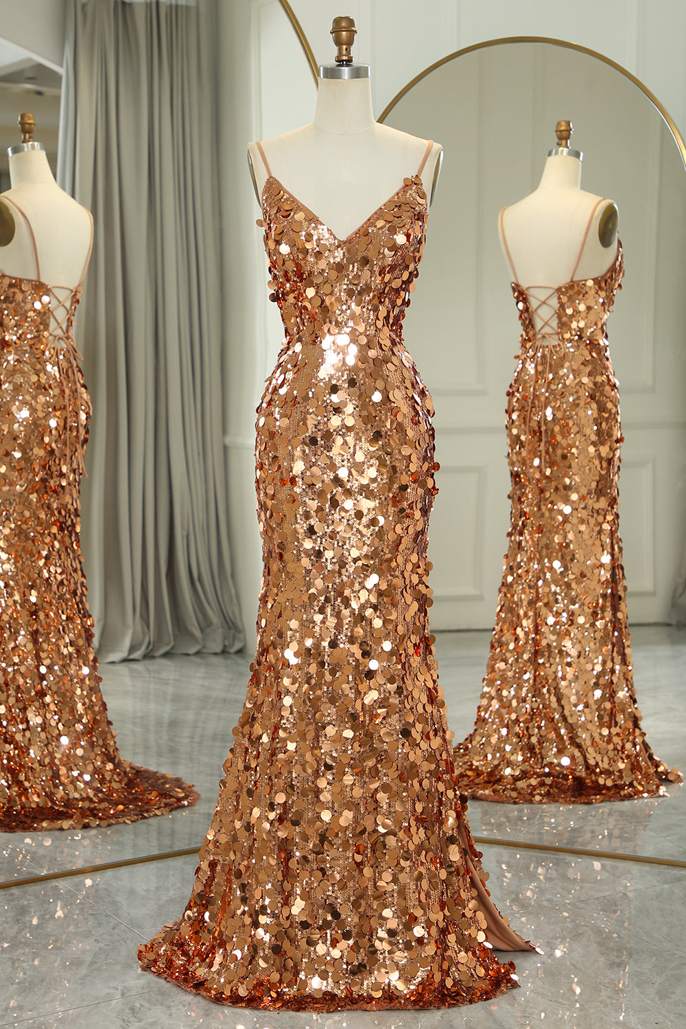 Glitter Rose Golden Beaded Sequins Mermaid Long Prom Dress With Slit
