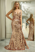 Load image into Gallery viewer, Sparkly Rose Golden Sequins Mermaid Long Prom Dress With Slit