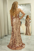 Load image into Gallery viewer, Sparkly Rose Golden Sequins Mermaid Long Prom Dress With Slit