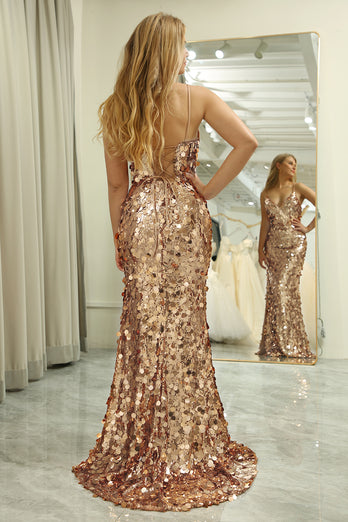 Sparkly Rose Golden Sequins Mermaid Long Prom Dress With Slit