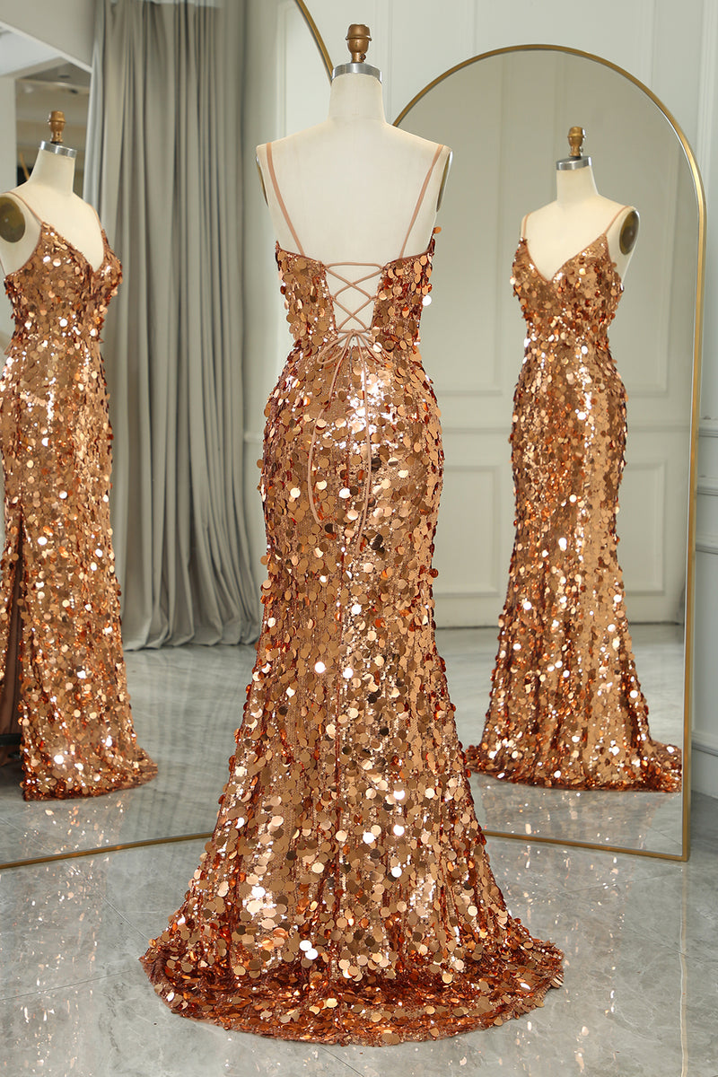 Load image into Gallery viewer, Glitter Rose Golden Beaded Sequins Mermaid Long Prom Dress With Slit