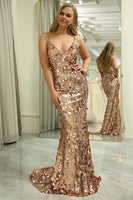 Load image into Gallery viewer, Sparkly Rose Golden Sequins Mermaid Long Prom Dress With Slit