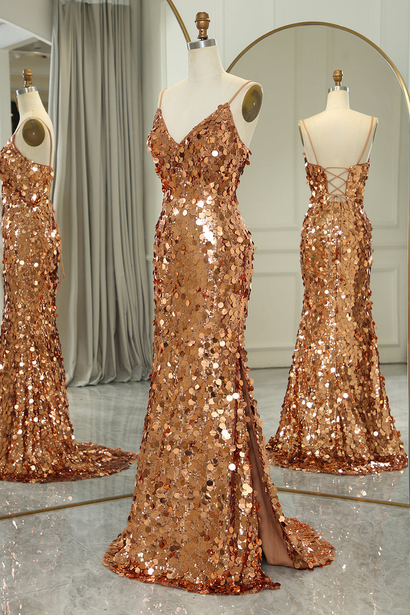Load image into Gallery viewer, Glitter Rose Golden Beaded Sequins Mermaid Long Prom Dress With Slit