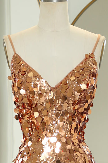 Glitter Rose Golden Beaded Sequins Mermaid Long Prom Dress With Slit