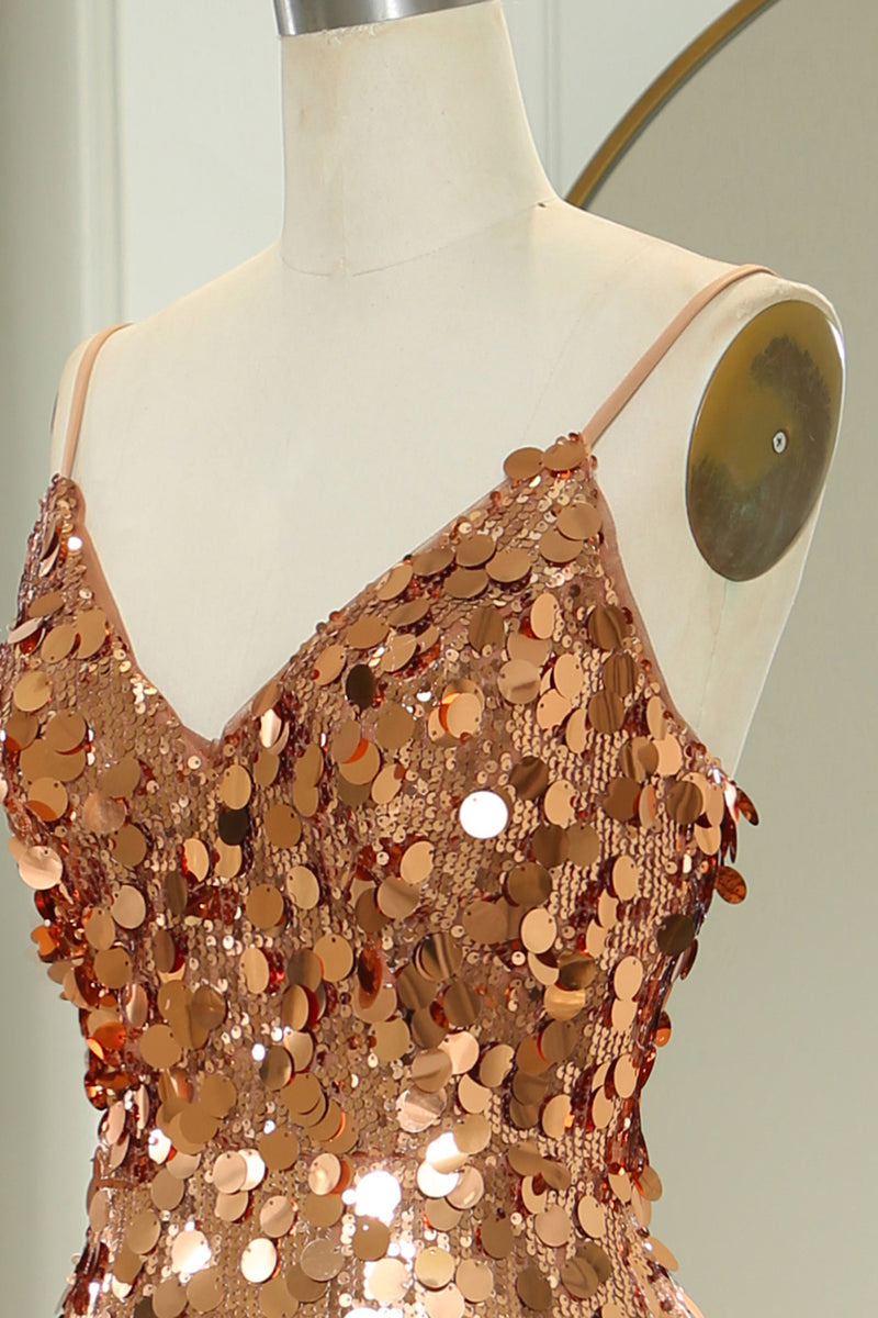 Load image into Gallery viewer, Glitter Rose Golden Beaded Sequins Mermaid Long Prom Dress With Slit