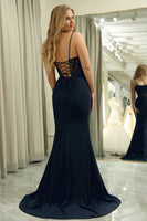 Load image into Gallery viewer, Black Mermaid Spaghetti Straps Long Prom Dress With Embroidery