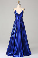Load image into Gallery viewer, Royal Blue A-Line Spaghetti Straps Prom Dress with Slit
