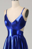 Load image into Gallery viewer, Royal Blue A-Line Spaghetti Straps Prom Dress with Slit