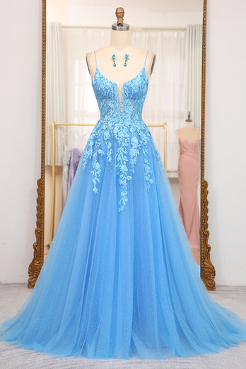 Bright Blue A Line Spaghetti Straps Tulle Long Prom Dress With Appliques
