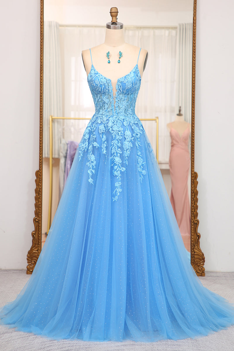 Load image into Gallery viewer, Bright Blue A Line Spaghetti Straps Tulle Long Prom Dress With Appliques