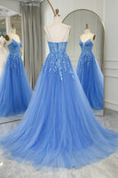 Load image into Gallery viewer, Blue A Line Tulle Long Prom Dress With Appliques