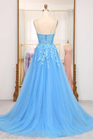 Load image into Gallery viewer, Bright Blue A Line Spaghetti Straps Tulle Long Prom Dress With Appliques