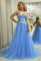 Load image into Gallery viewer, Blue Tulle A Line Spaghetti Straps Long Prom Dress With Appliques