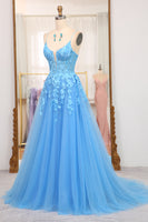 Load image into Gallery viewer, Bright Blue A Line Spaghetti Straps Tulle Long Prom Dress With Appliques