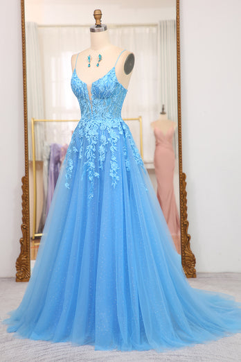 Bright Blue A Line Spaghetti Straps Tulle Long Prom Dress With Appliques