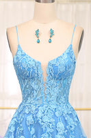 Load image into Gallery viewer, Bright Blue A Line Spaghetti Straps Tulle Long Prom Dress With Appliques