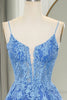 Load image into Gallery viewer, Blue A Line Tulle Long Prom Dress With Appliques